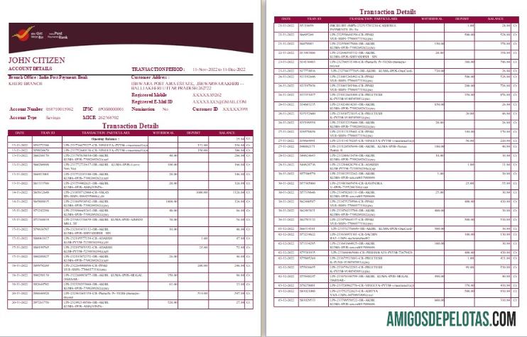 Modelo realista de extrato bancário de pós-pagamentos da Índia, formato Word e PDF, 4 páginas
